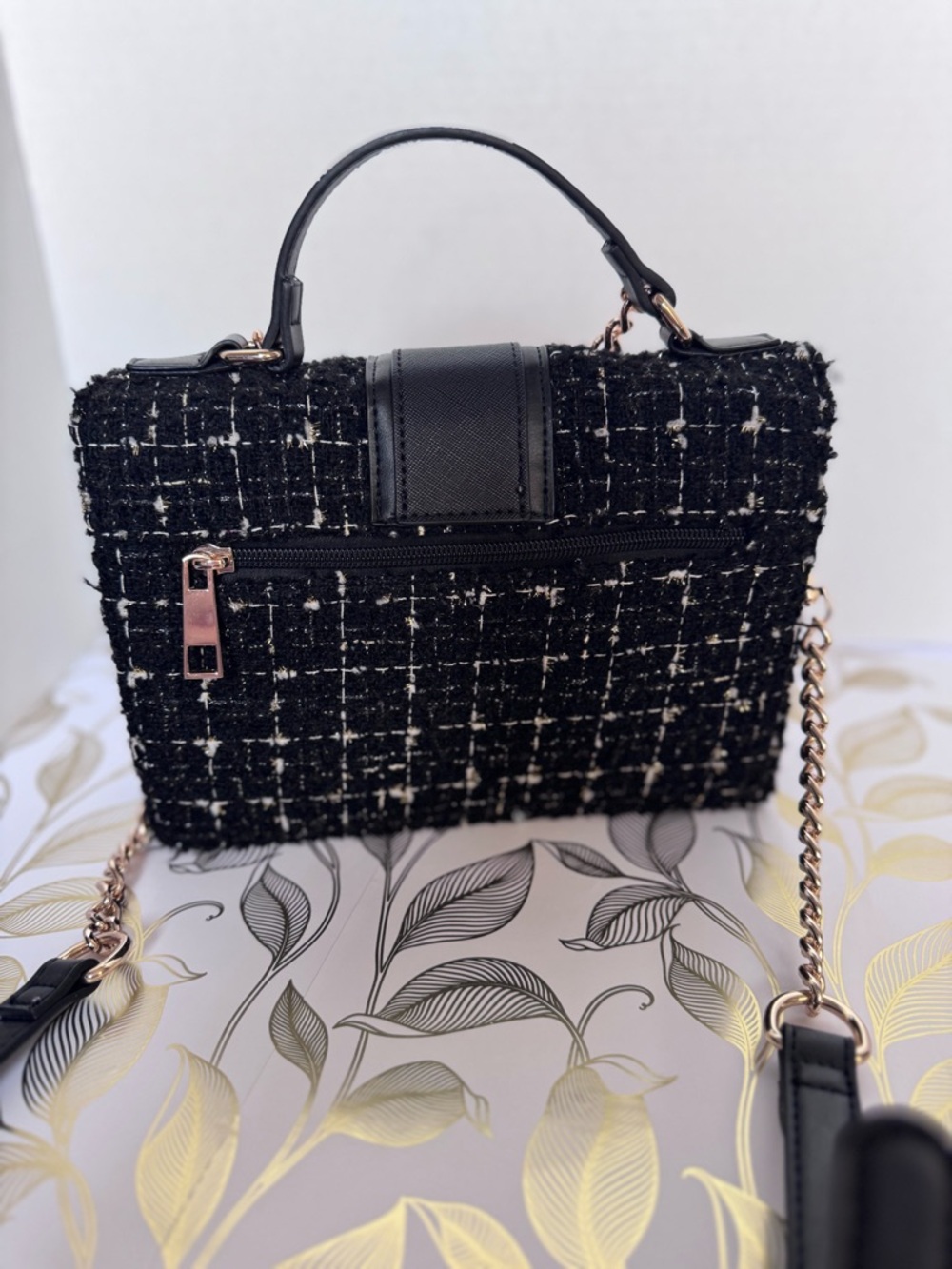 ALDO Black Tweed Top-Handle Bag with Gold Chain Accent - Picture 3 of 11